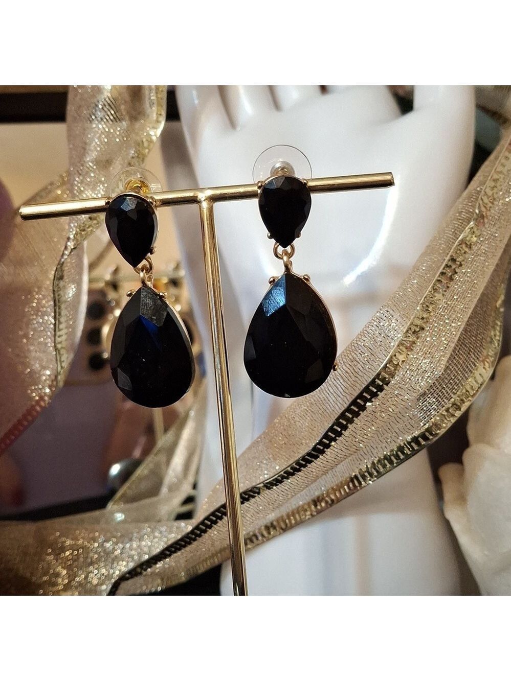 Black and Goldtone faceted statement earrings